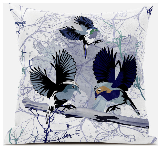 20x20 Black White Bird Blown Seam Broadcloth Animal Print Throw Pillow