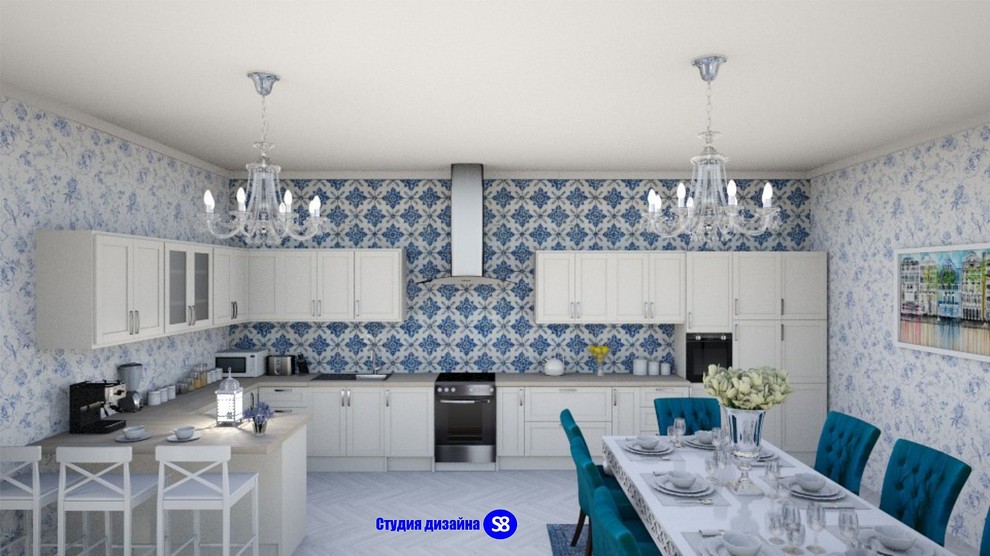 Кухня совмещенная с гостиной в классическом стиле для клиента из Франции