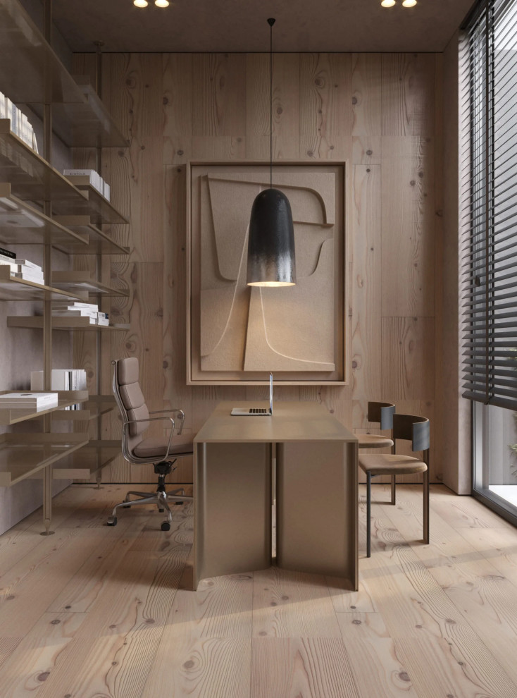 Foto de despacho contemporáneo de tamaño medio sin chimenea con biblioteca, paredes marrones, suelo de madera oscura y suelo marrón
