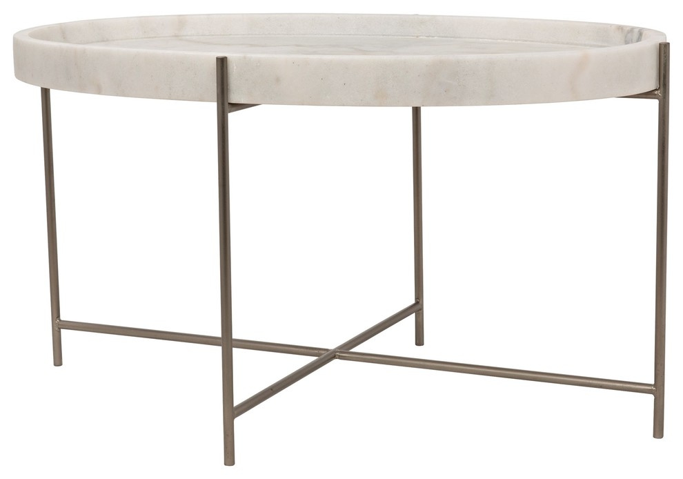 33" Cocktail Coffee Table Oval Metal Base Antique Silver Finish White