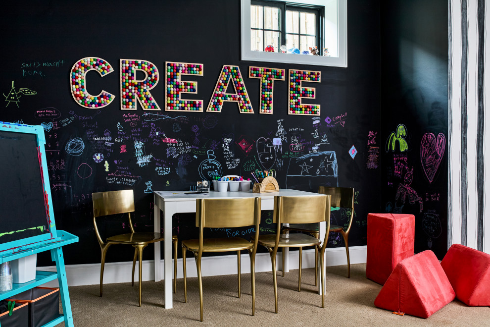 Playroom - transitional gender-neutral carpeted and brown floor playroom idea in DC Metro with black walls