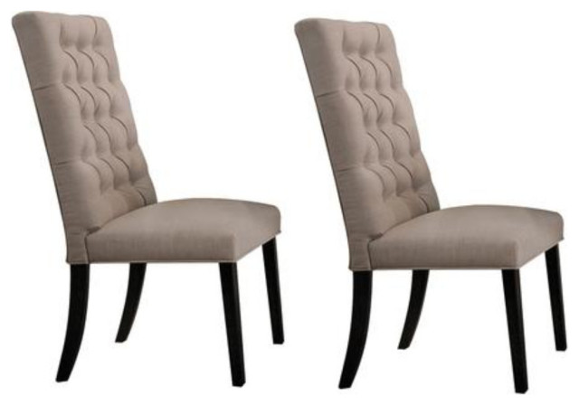 Wooden Dining Side Chair With Button Tufted Back, Set Of 2, Tan Brown And Black