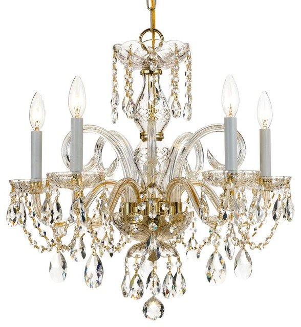Traditional Crystal 5 Light Chandelier, Polished Brass Finish