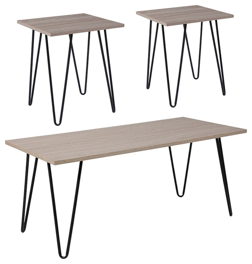 3 Piece Coffee, End Table Set, Driftwood Wood Grain Finish, Black Metal Legs Midcentury