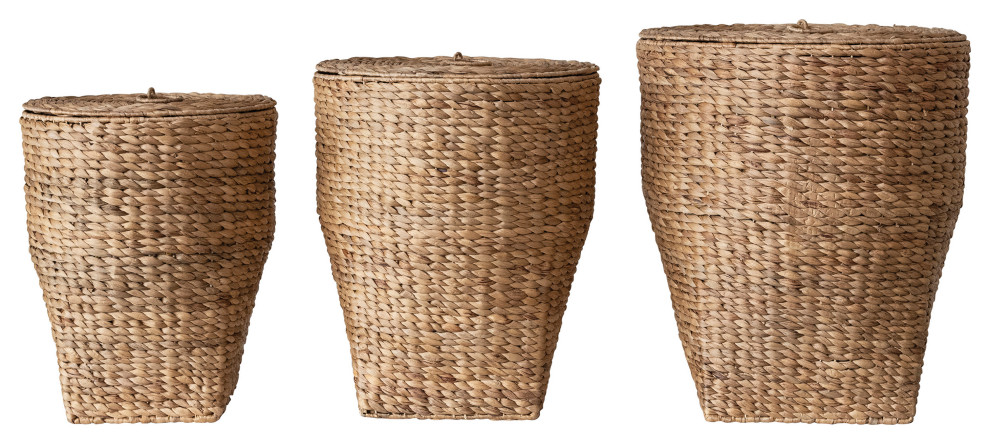Hand-Woven Water Hyacinth Laundry Baskets With Lid, Natural, Set of 3
