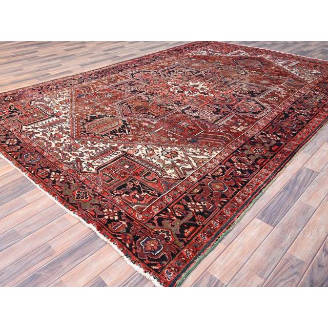 Rosewood Red Wool Hand Knotted Antique Zoroastrian Heris Rug 8' x 12'2 ...