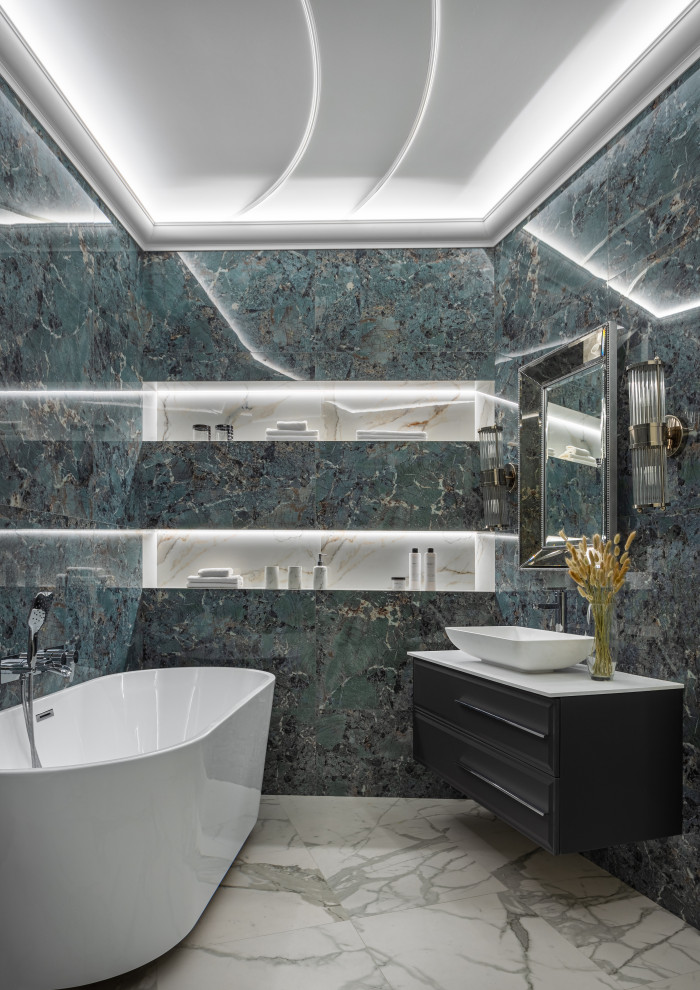 Large shower room bathroom in Moscow with a freestanding bath, a shower/bath combination, green tiles, porcelain tiles, a vessel sink, a single sink, a floating vanity unit, a wall mounted toilet, porcelain flooring, white floors and feature lighting.