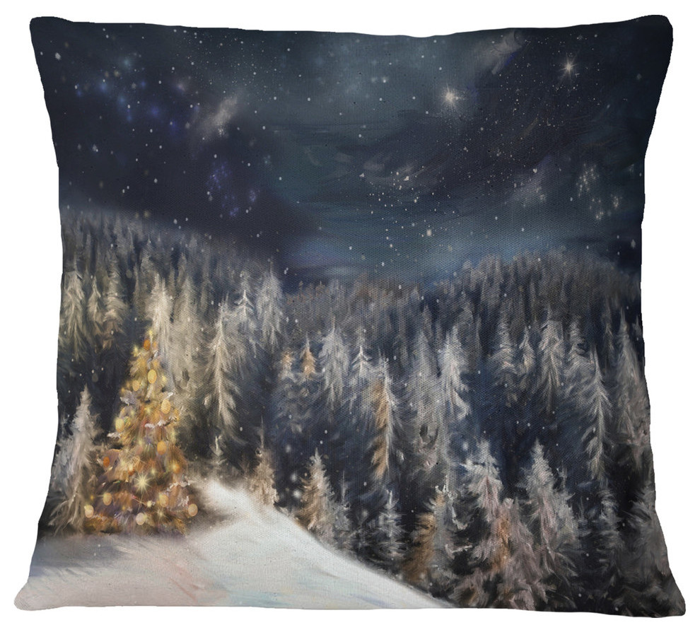 Night Forest Christmas Tree Landscape Printed Throw Pillow, 18"x18"