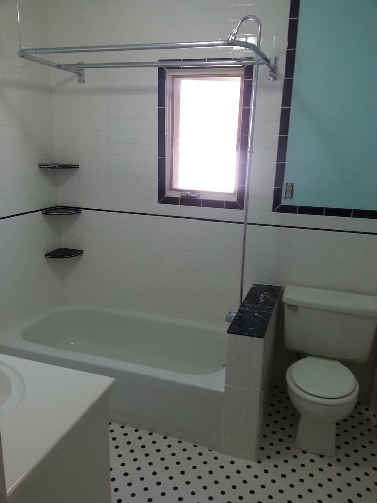 Transitional white tile and subway tile mosaic tile floor alcove bathtub photo