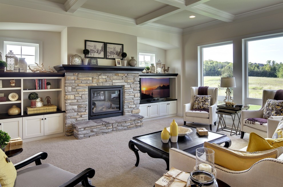 Large transitional formal open concept living room in Minneapolis with beige walls, carpet, a standard fireplace, a stone fireplace surround and a built-in media wall.