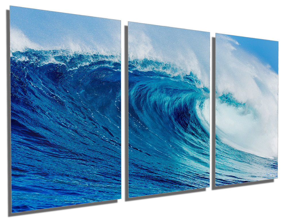 Blue Ocean Wave Metal Print Wall Art, 3 Panel Split, Triptych Wall Art, 48x24