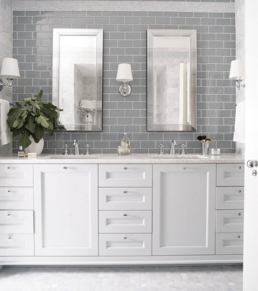 Inspiration for a large transitional master mosaic tile floor and gray floor bathroom remodel with recessed-panel cabinets, white cabinets, gray walls, an undermount sink and solid surface countertops