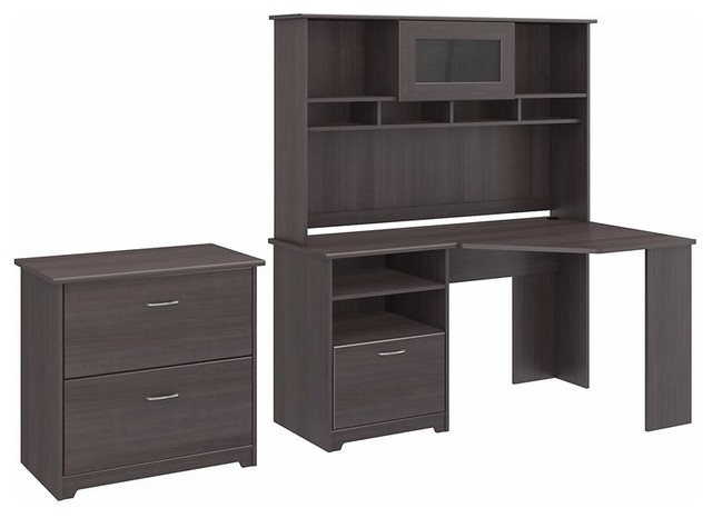 Cabot Corner Desk With Hutch And Lateral File Cabinet In Heather