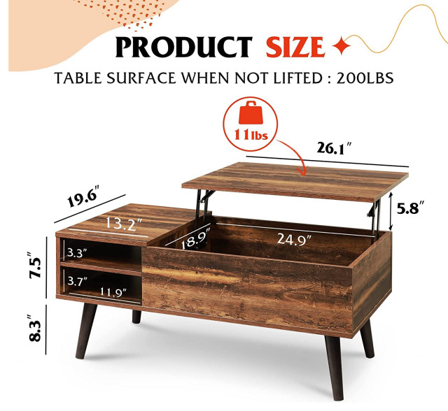 Wood Lift Top Coffee Table with Hidden Compartment and Adjustable ...