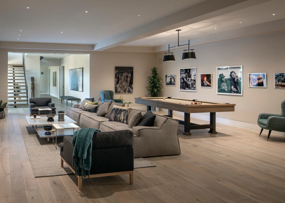 Photo of an expansive contemporary family room in San Francisco with beige walls, light hardwood floors and beige floor.