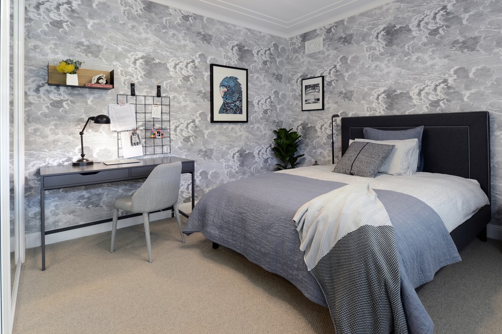 This is an example of a large eclectic guest bedroom in Sydney with grey walls, carpet and beige floor.