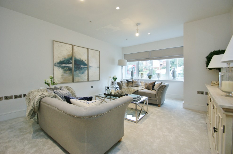 Design ideas for a mid-sized modern formal enclosed living room in Berkshire with grey walls, carpet and grey floor.