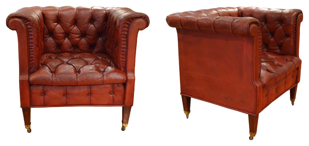 Pair of Vintage Ruby Leather Club Chairs with Tufting, Pleating & Brass Castors,