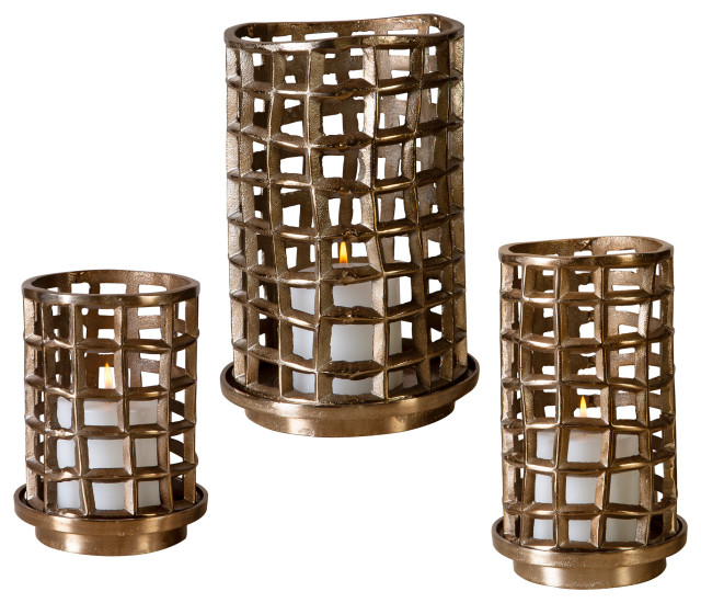 Antique Bronze Cage Hurricane Candle Holder 3-Piece Set, Modern Metal Grid Open