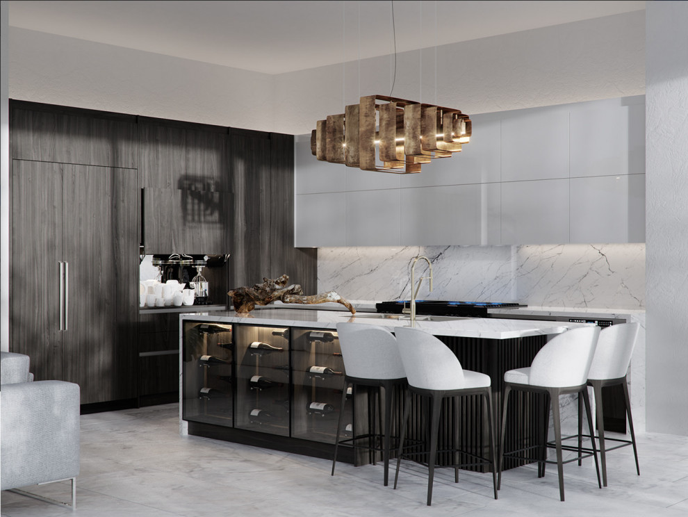 This is an example of a large modern l-shaped eat-in kitchen in Miami with an undermount sink, flat-panel cabinets, dark wood cabinets, quartzite benchtops, white splashback, with island, grey floor and white benchtop.