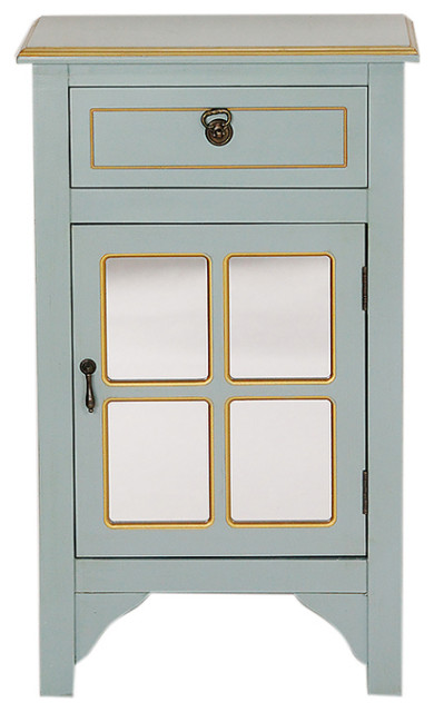 30 Light Blue Wood Mirrored Glass Accent Cabinet With A Drawer