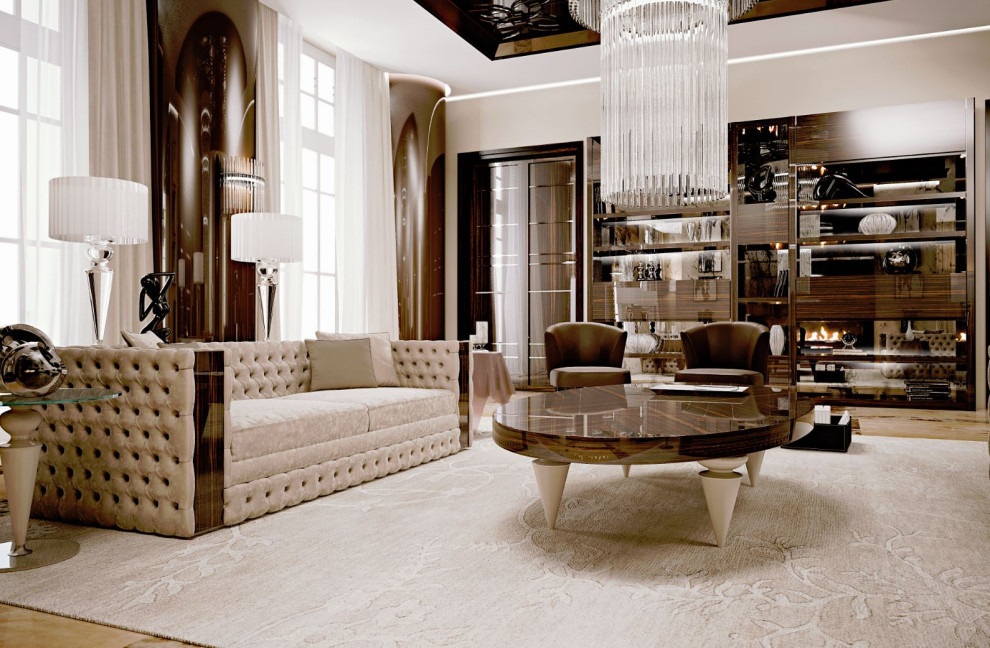 Modelo de salón contemporáneo grande sin chimenea y televisor con paredes beige, suelo de madera clara, suelo beige y bandeja