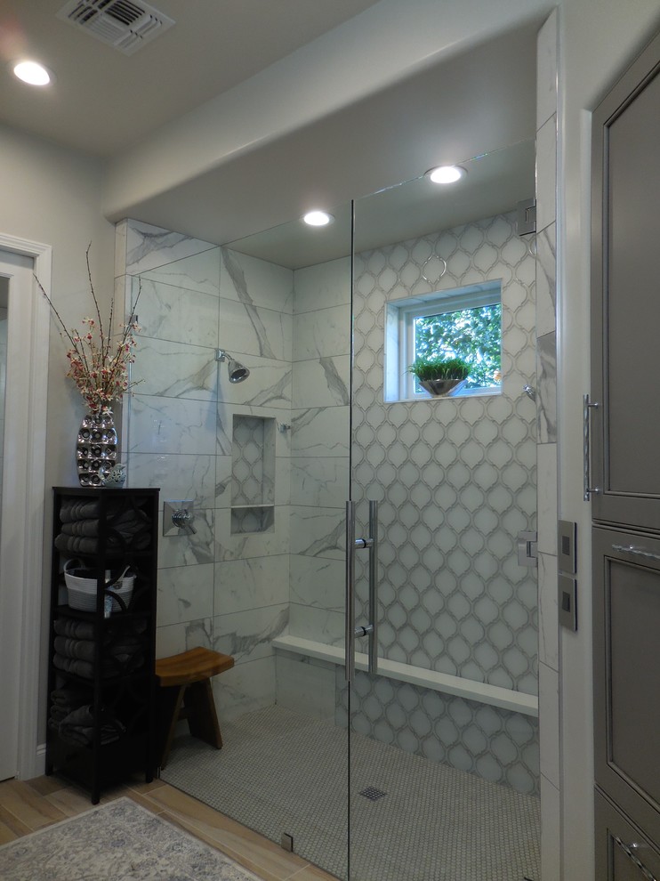 Walk-in shower - transitional master walk-in shower idea in Phoenix with gray cabinets and an undermount sink
