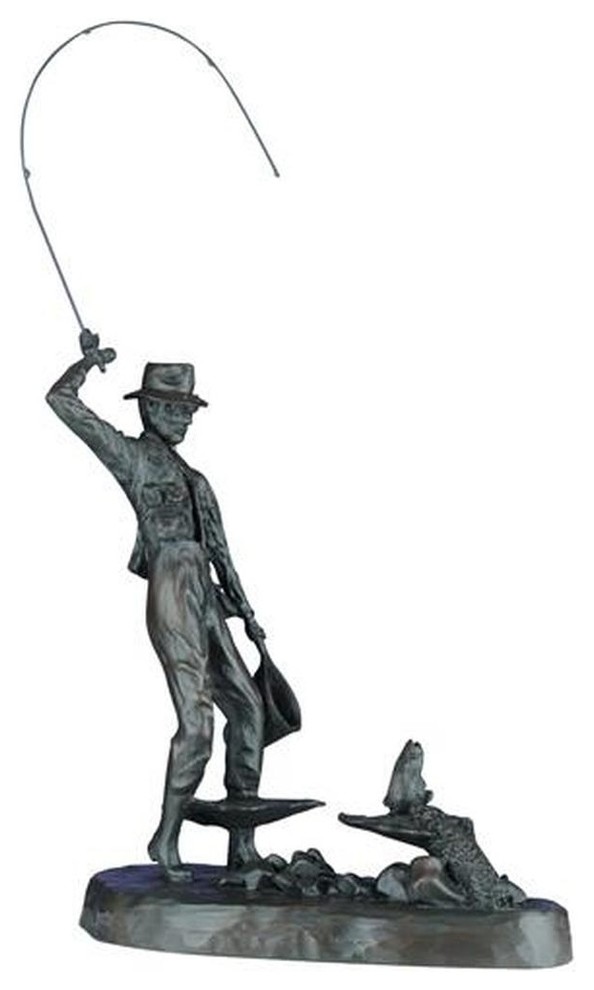 Sculpture Statue Fly Fishing Trout Fisherman Windler Hand Painted OK Traditional Decorative
