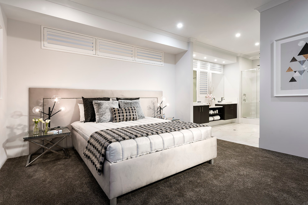 Mid-sized contemporary master bedroom in Perth with white walls and carpet.