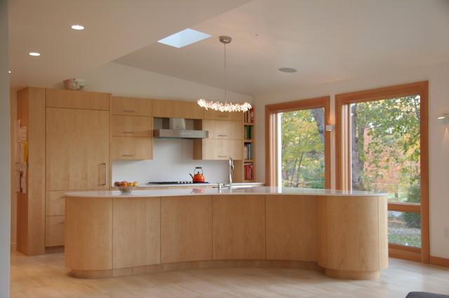 Figured maple kitchen and view beyond contemporary-kitchen