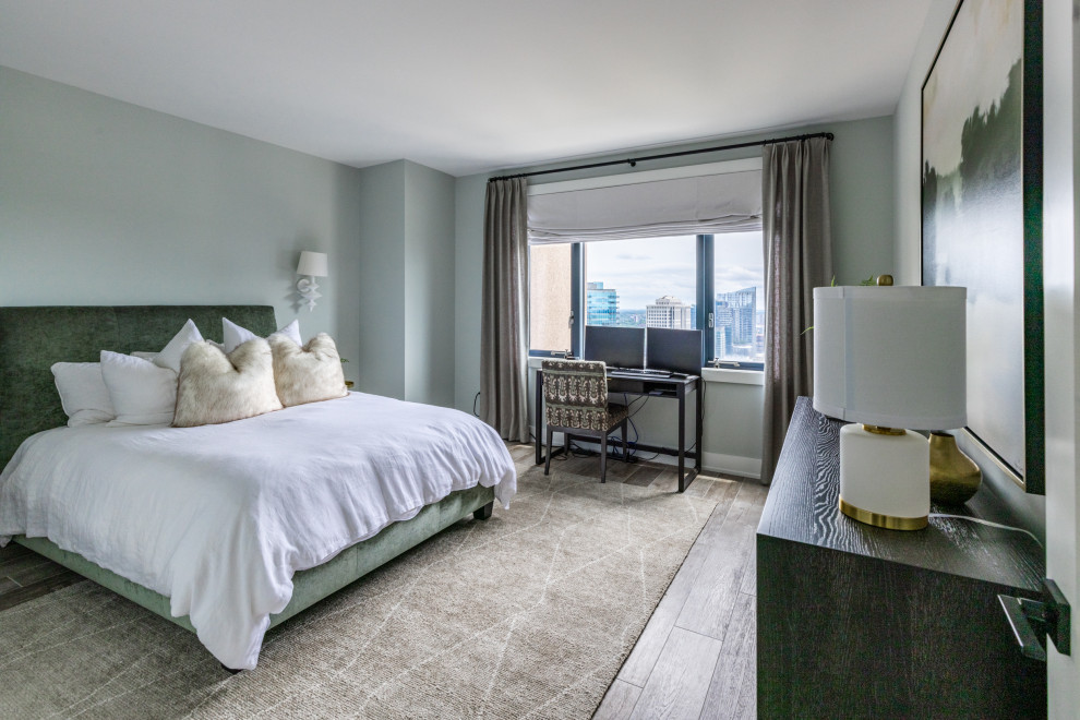 Diseño de habitación de invitados minimalista de tamaño medio con paredes verdes, suelo de baldosas de cerámica y suelo gris