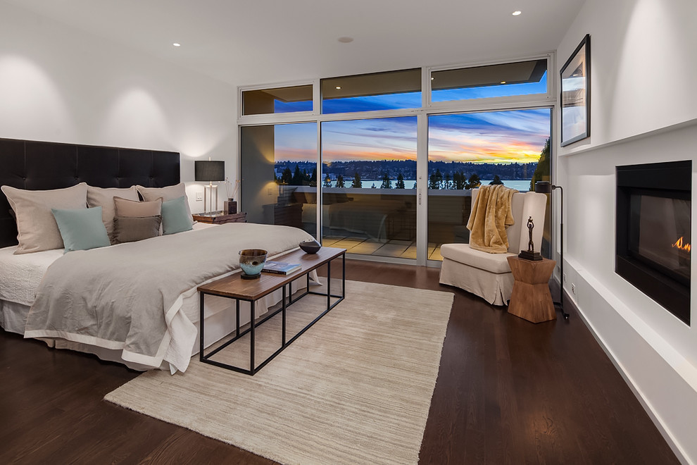 Design ideas for a contemporary master bedroom in Other with white walls, dark hardwood floors and a ribbon fireplace.