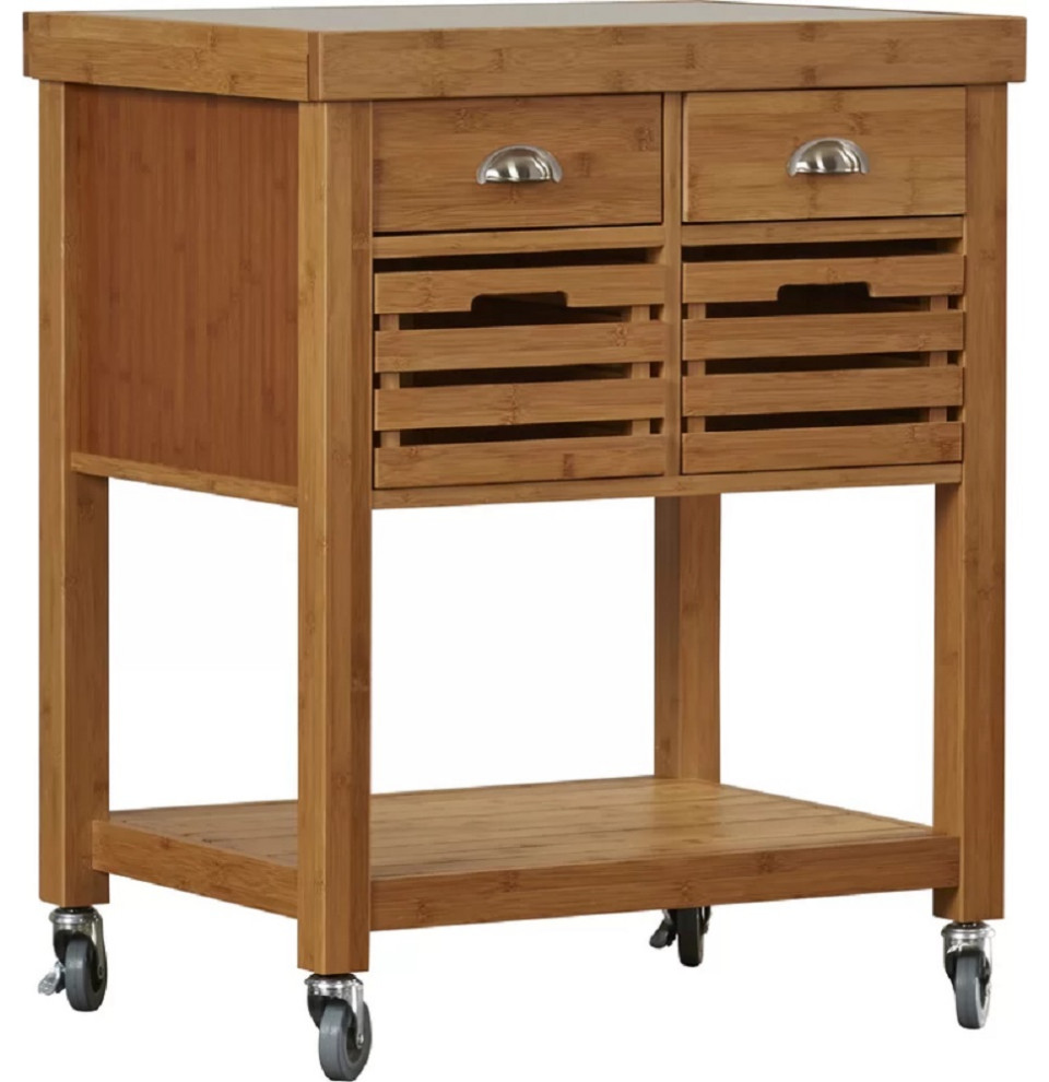 Kenta Bamboo Kitchen Cart With Stainless Steel Top Transitional