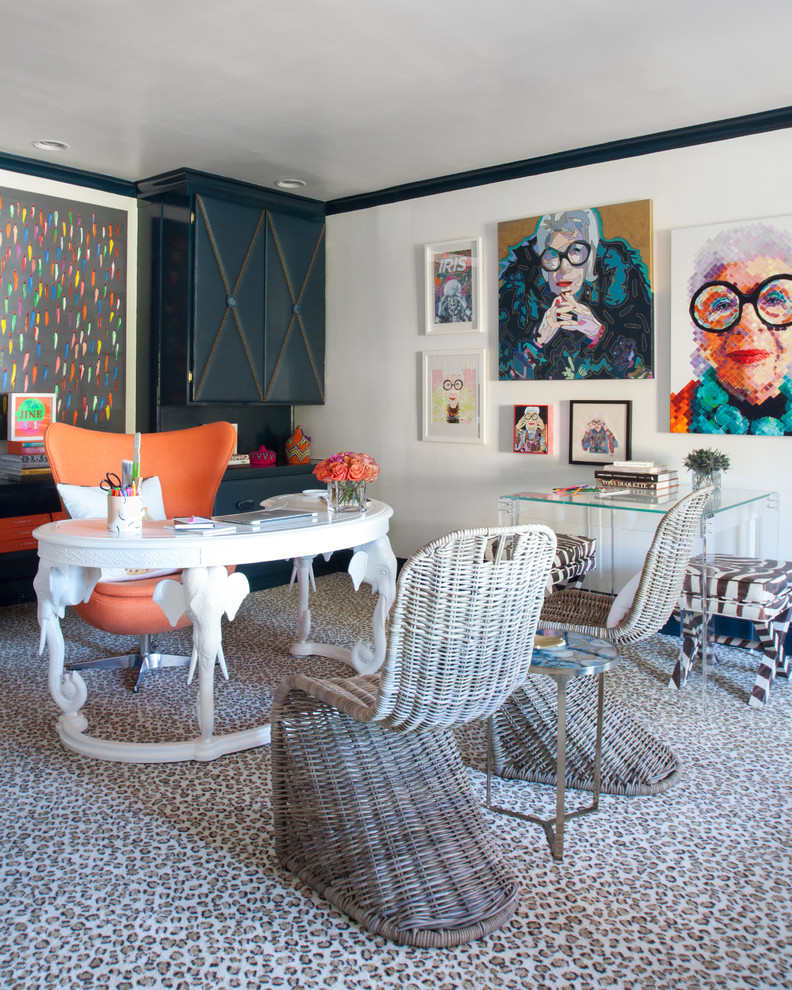 Inspiration for an eclectic study room in Charlotte with white walls, carpet, no fireplace, a freestanding desk and multi-coloured floor.