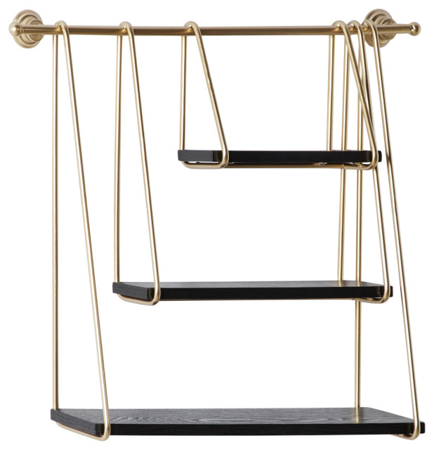 Gold Metal and Black Wood Hanging Wall Shelf, 26"x22" Contemporary