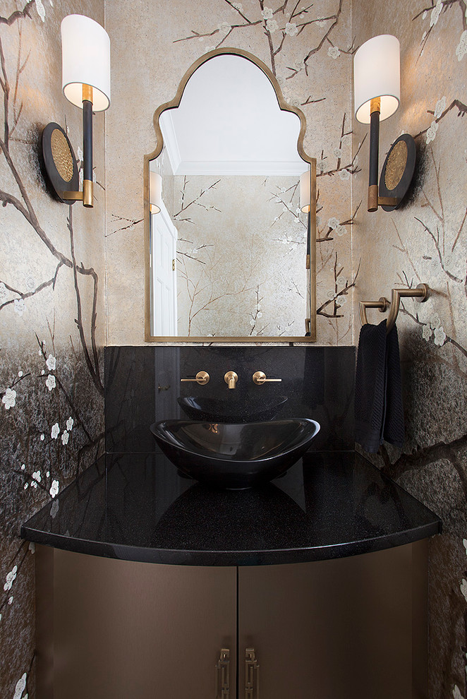 Inspiration for a transitional powder room in Austin with furniture-like cabinets, a vessel sink and grey walls.
