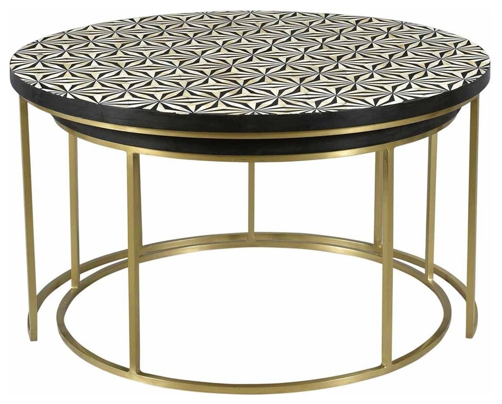 32" Tall  Giovanna Nesting Table Set of 2 Brass Frame Bone Inlay Pattern Top