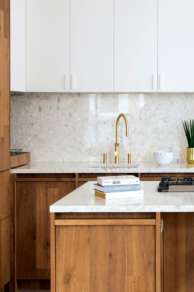 Medium sized modern u-shaped kitchen pantry in Los Angeles with an integrated sink, flat-panel cabinets, brown cabinets, terrazzo worktops, white splashback, marble splashback, coloured appliances, an island and white worktops.