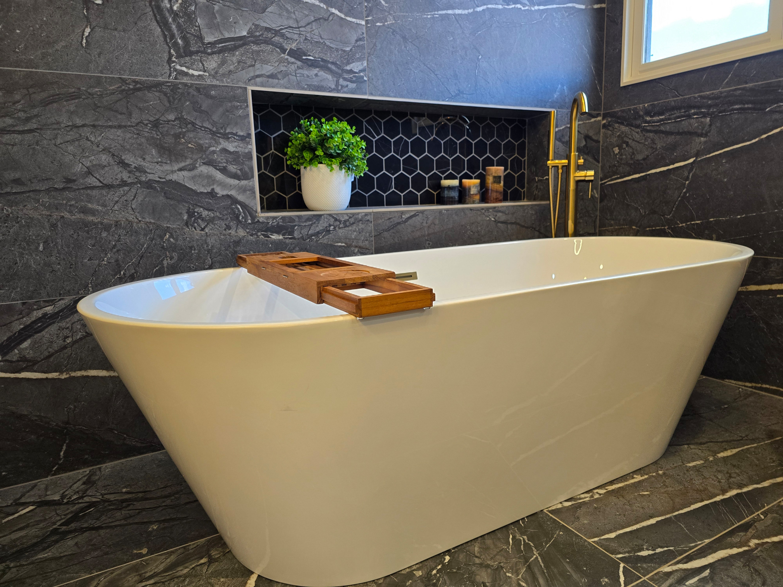 Main Bath full remodeling with custom vanity, freestanding tub & walk-in shower
