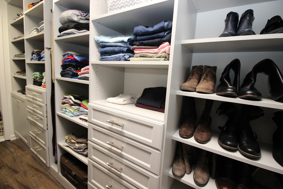 Walk-in closet - large transitional gender-neutral linoleum floor walk-in closet idea with recessed-panel cabinets and gray cabinets
