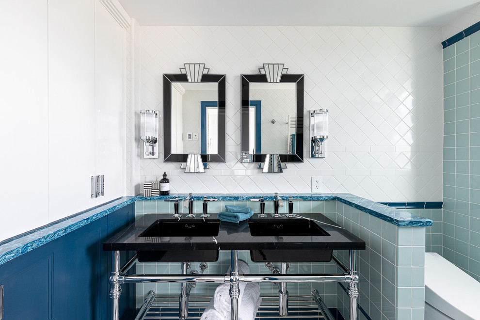 Transitional master bathroom in Vancouver with blue tile, multi-coloured tile, white tile, ceramic tile, engineered quartz benchtops, black benchtops, a wall-mount toilet, multi-coloured walls and a console sink.