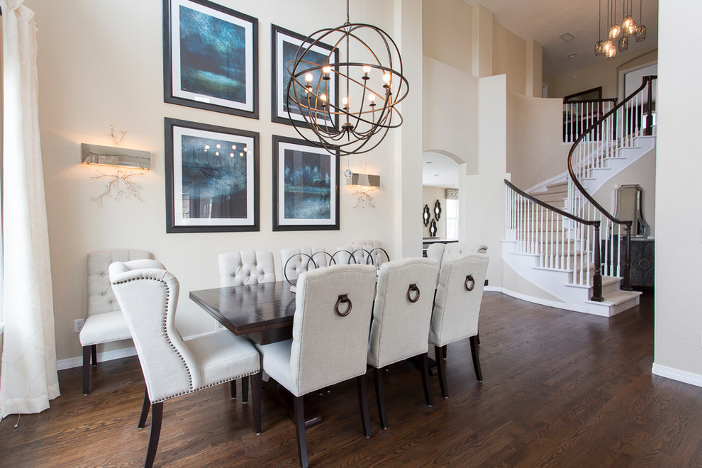 Great room - large transitional dark wood floor and brown floor great room idea in Denver with beige walls