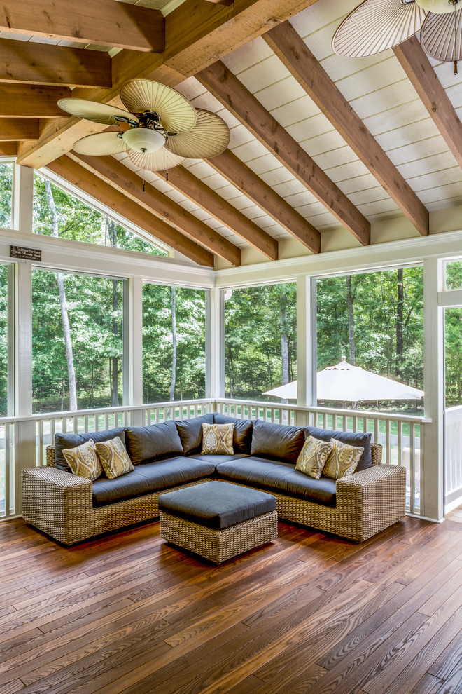 Inspiration for a large traditional backyard deck in Charlotte with a roof extension.