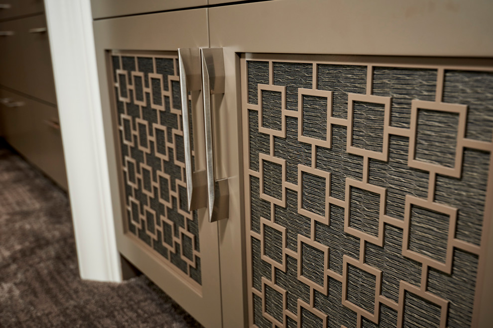 Mid-sized transitional master beige tile and limestone tile limestone floor and beige floor home design photo in Denver with recessed-panel cabinets, beige cabinets, beige walls, an undermount sink, quartzite countertops and a hinged shower door