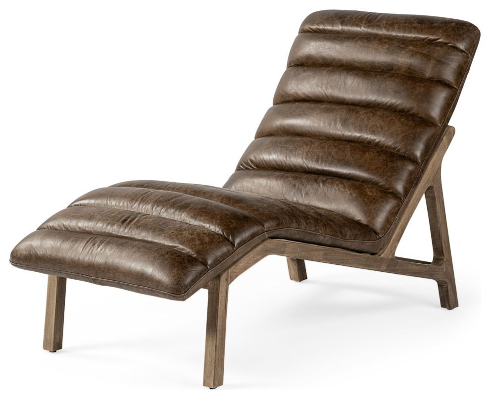Modern Brown Genuine Leather Chaise Lounge Chair With Solid Wood Frame