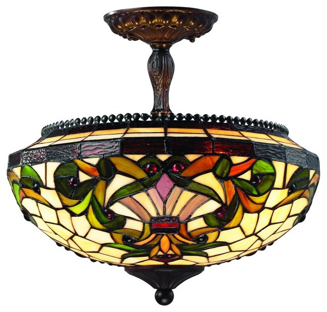 Three Light Chestnut Bronze Multi Color Tiffany Glass Bowl Semi Three Light Chestnut Bronze Multi Color Tiffany Glass Bowl Semi Flush Mount