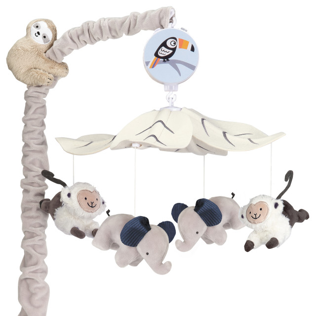 Lambs & Ivy Jungle Party Gray Animals Musical Baby Crib Mobile Soother