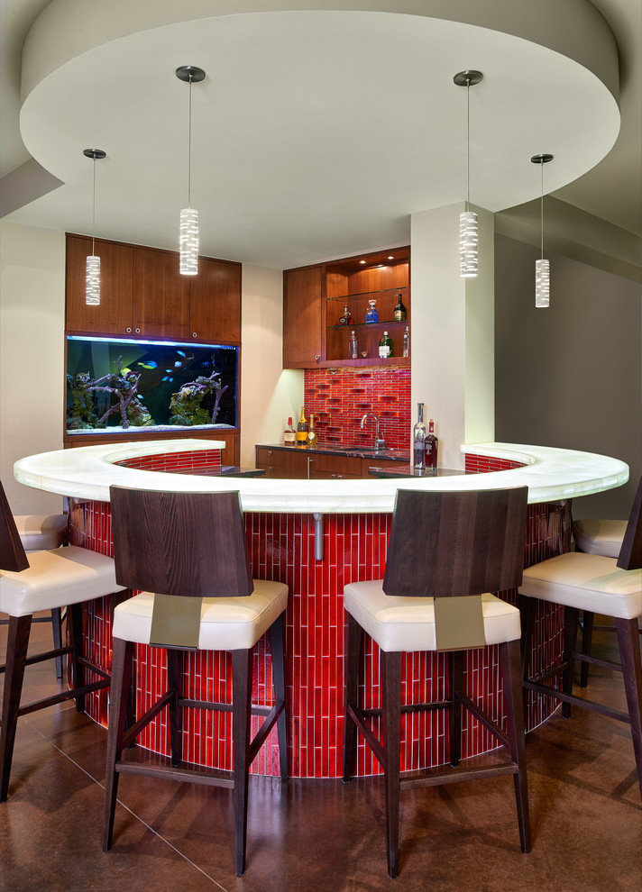 Photo of a large contemporary seated home bar in Denver.