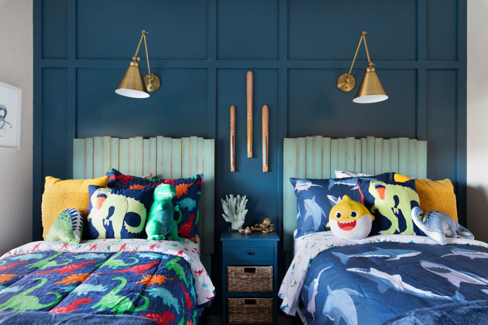 This is an example of a bohemian children’s room for boys in Austin with blue walls, vinyl flooring and panelled walls.