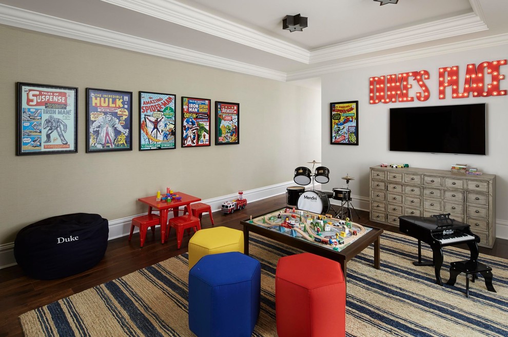 Photo of a traditional kids' playroom for kids 4-10 years old and boys in Los Angeles with beige walls and dark hardwood floors.